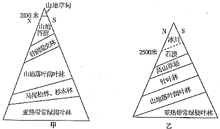读图"甲,乙两山地垂直自然带分布图",回答下题.